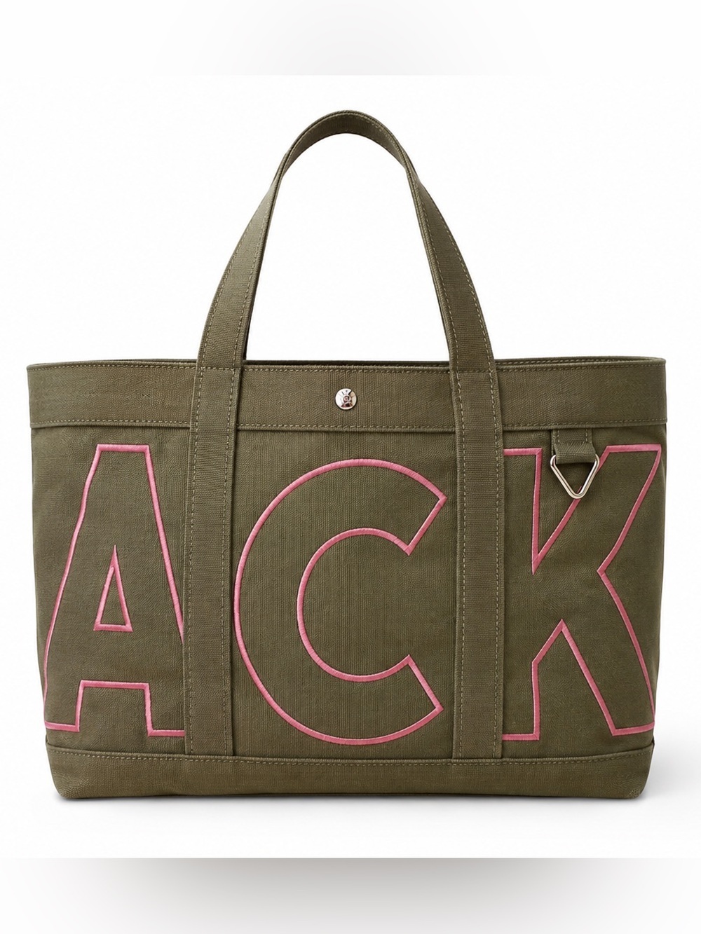 BaubleBar ACK Nantucket Olive Canvas Tote Bag Pink Embroidered NWOT